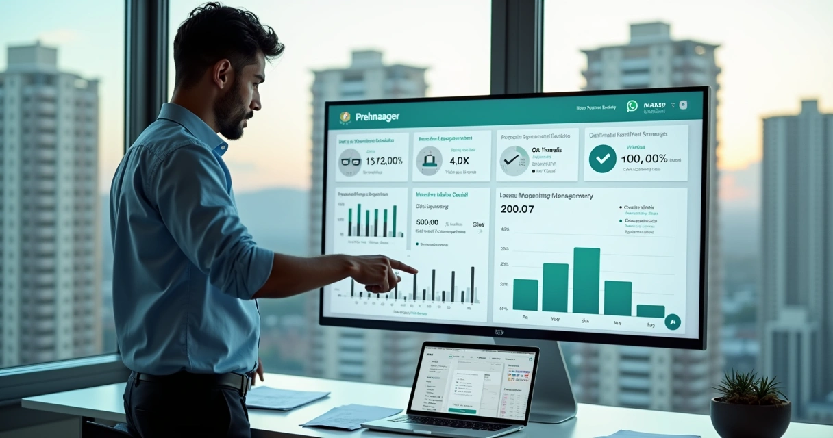 Gestor imobiliário analisando sistema de administração de locação de imóveis em painel digital 
