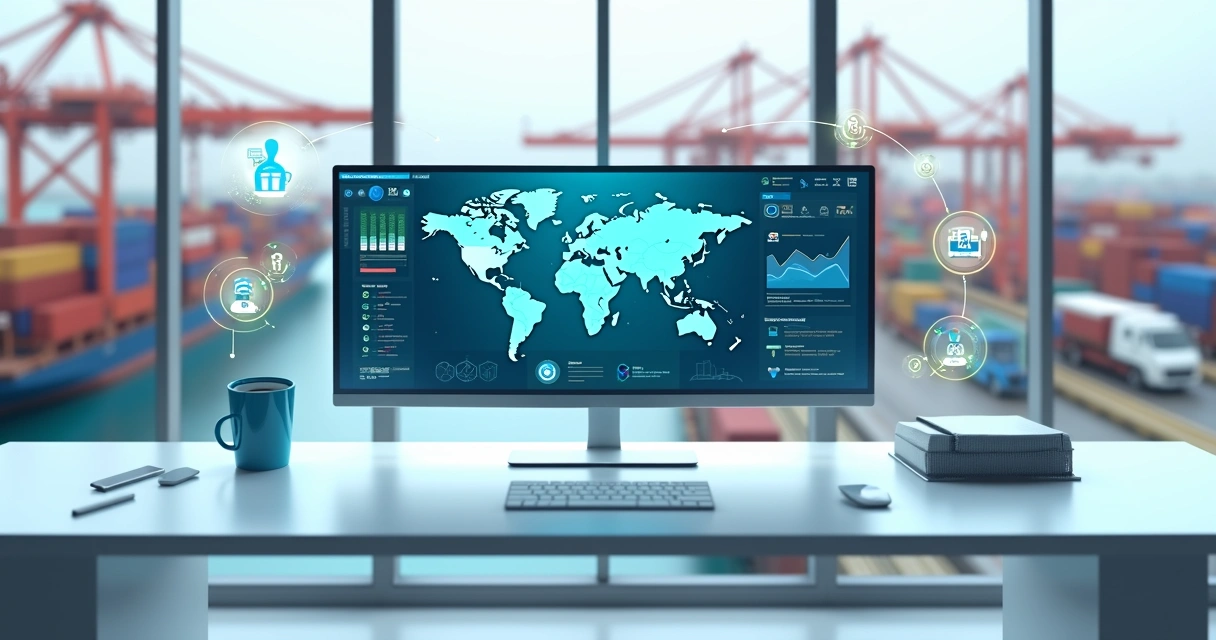 Painel de sistema de agenciamento de carga em tela com mapa e contêineres ao fundo 