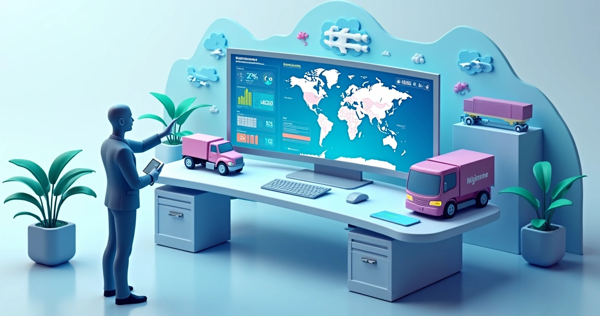 Painel ERP em 3D com gestor logístico acompanhando agenciamento de cargas em nuvem 