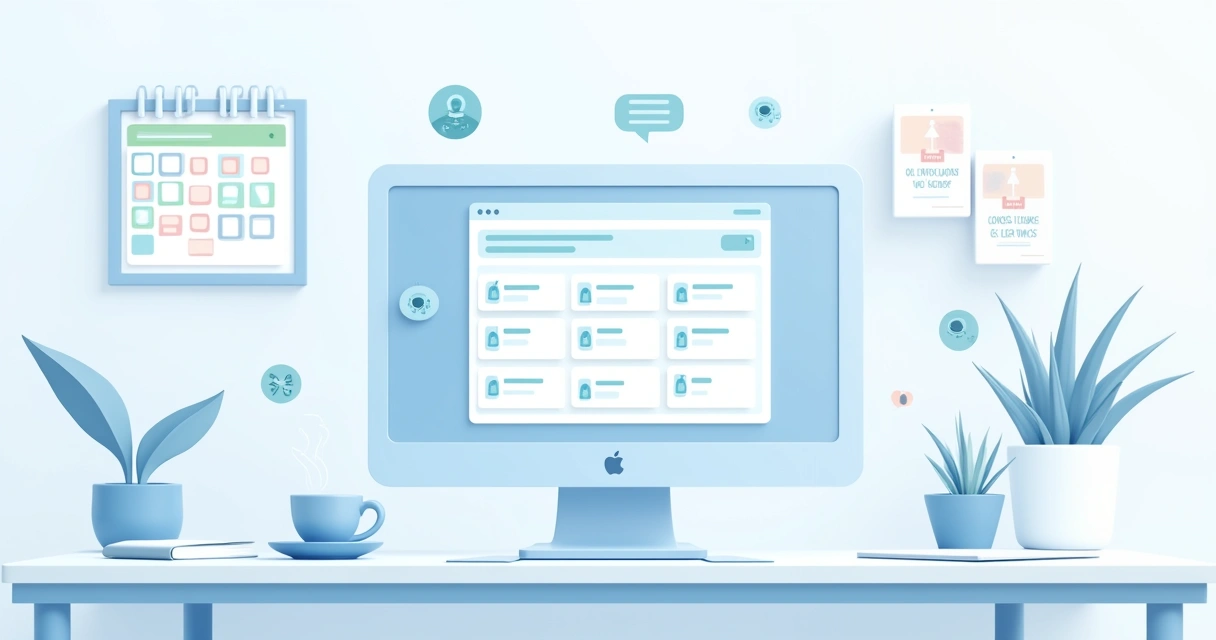 Interface de chatbot em um escritório moderno com calendário de agendamentos e elementos amigáveis.