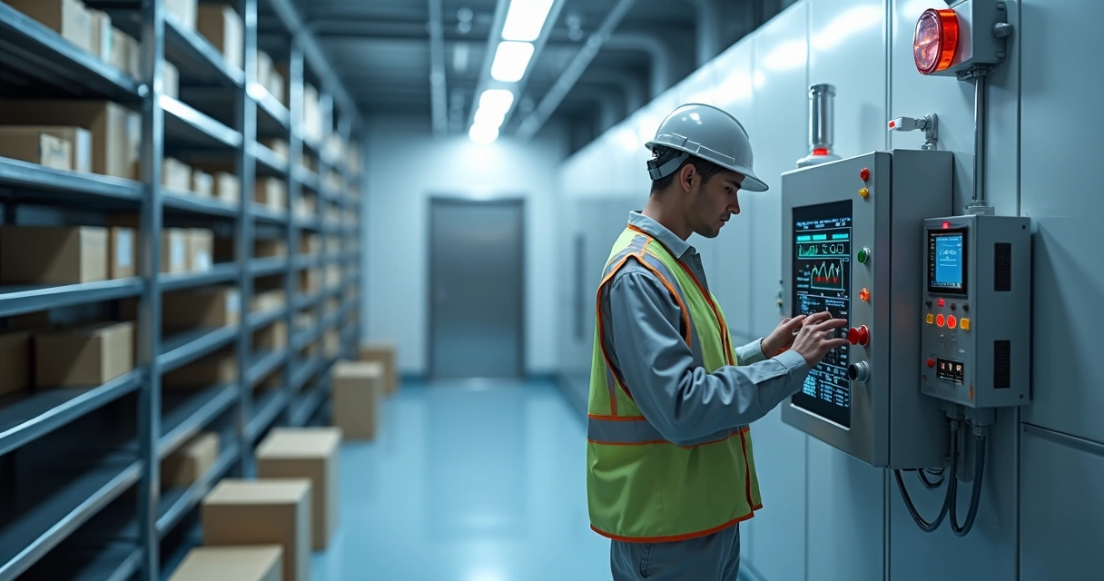 Técnico verificando painel de alarmes em câmara frigorífica industrial 