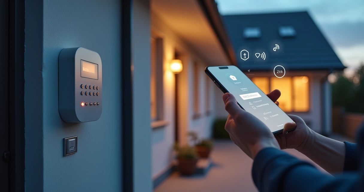 Fachada de casa moderna com painel de alarme residencial e ícone de cadeado digital 