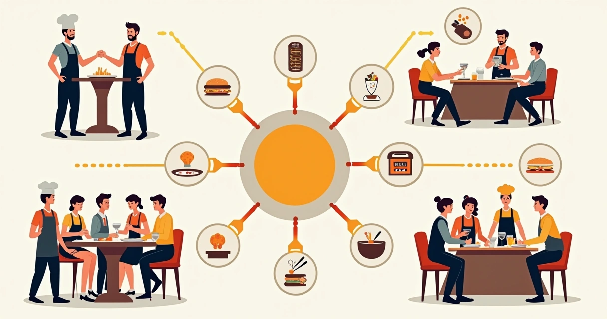Diagrama mostrando alinhamento em equipe de restaurante com setas apontando para o mesmo objetivo. 