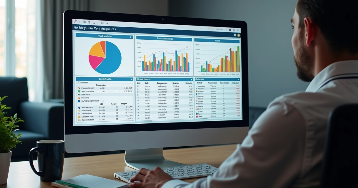 Tela de computador com gráficos de estatísticas e combinações de apostas da Mega-Sena 