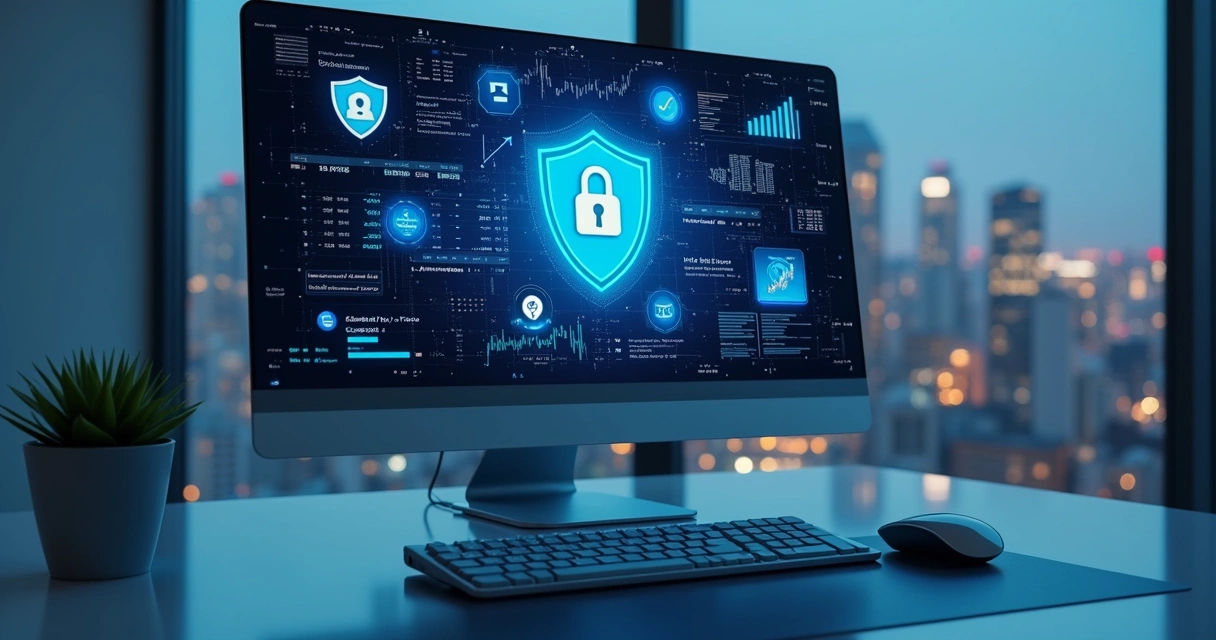 Interface digital com elementos de segurança cibernética protegendo dados financeiros na tela de computador 