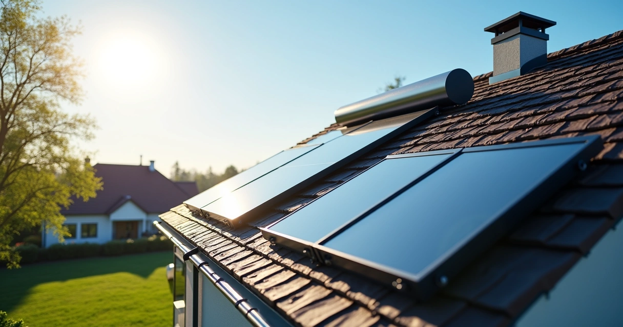 Sistema de aquecimento solar instalado no telhado de uma casa moderna 