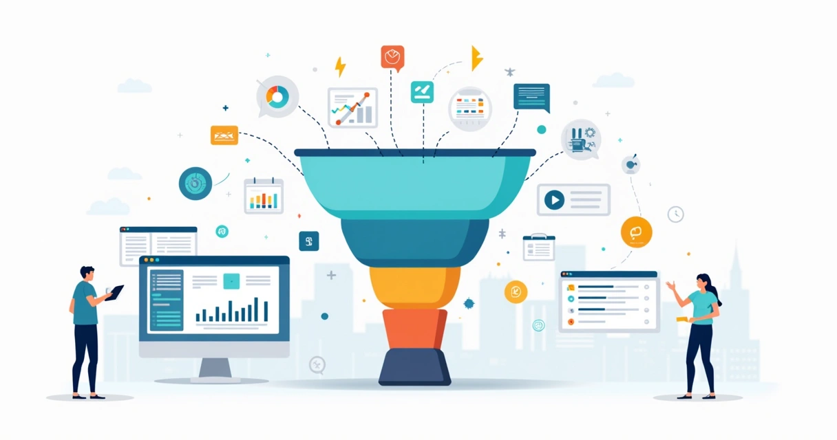 Ilustração de funil de vendas B2B conectado por dados e automação 
