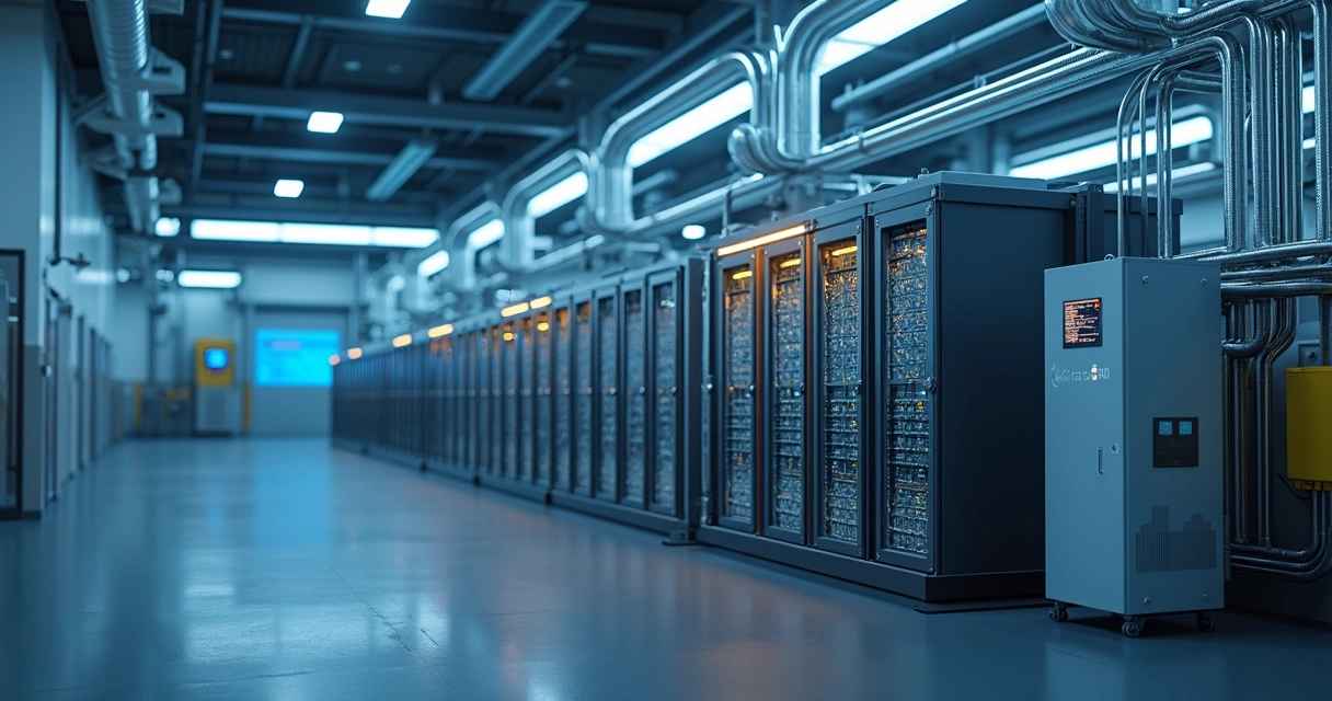Sistema BESS com módulos de bateria interconectados em ambiente industrial de alta tecnologia 