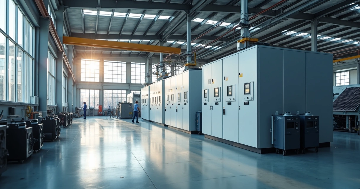 Sistema BESS industrial instalado em ambiente fabril, gerando energia sustentável 