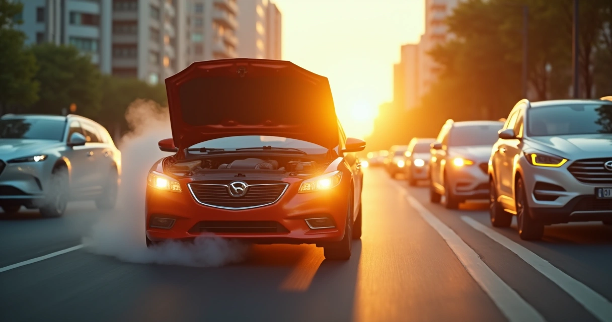 Motor de carro em trânsito intenso, com vapor saindo do capô