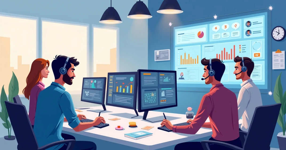 Ambiente de escritório moderno com equipe técnica usando sistema de suporte, monitores e painel digital.