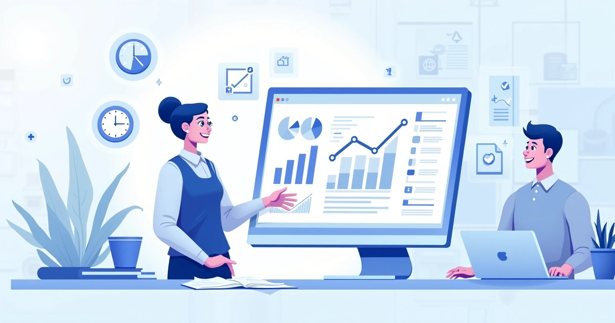 Ilustração de um sistema de assistência técnica moderno com computador, gráficos e ambiente organizado.