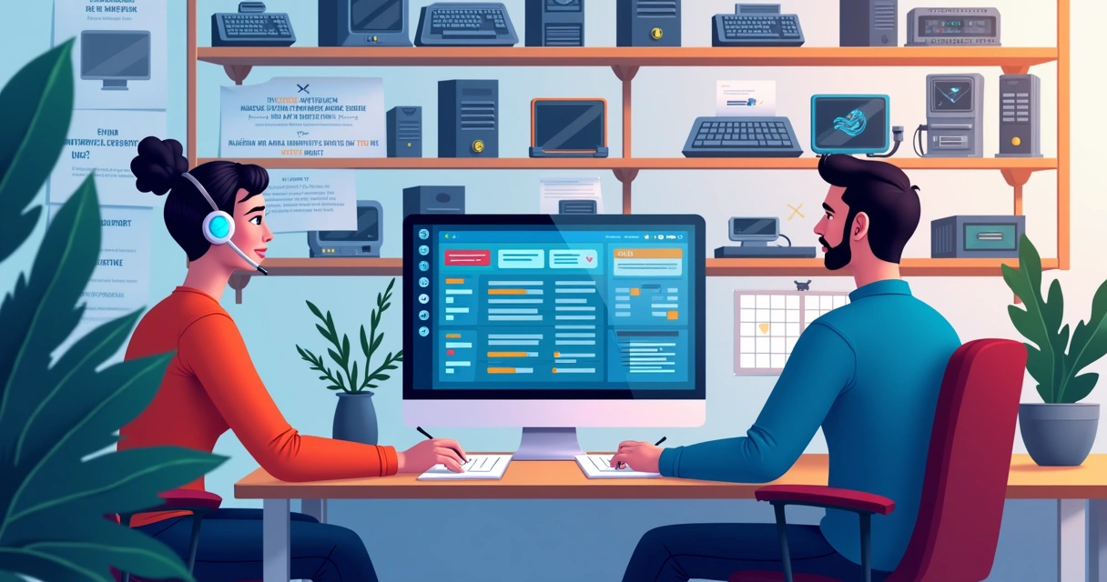Ilustração de um escritório moderno de assistência técnica, com computador, peças e ambiente organizado.