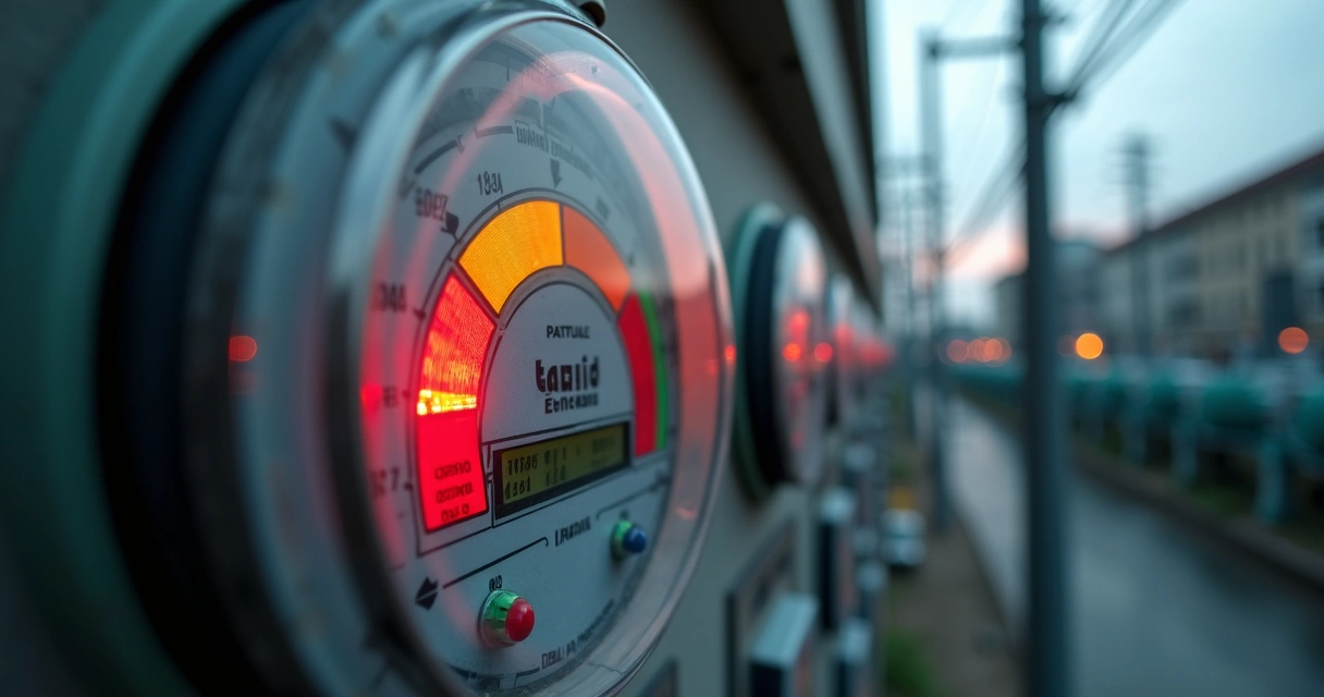 Painel com as cores das bandeiras tarifárias de energia elétrica sobre fundo de terminais elétricos e medidor de energia 