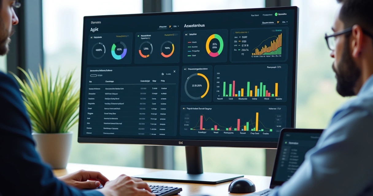 Tela de sistema de gestão financeira com dashboards coloridos 