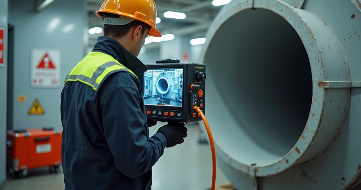 Técnico usa câmara de vídeo em inspeção de cano 