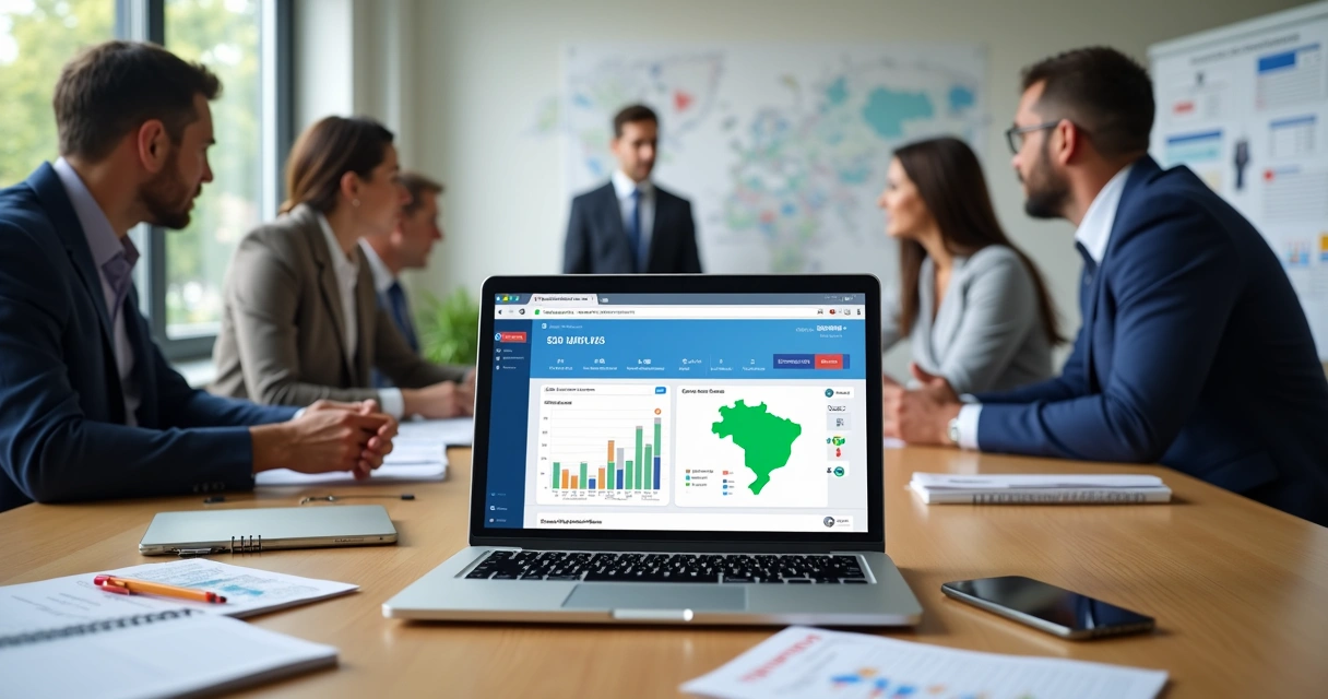 Tela de sistema para campanha eleitoral com candidato e equipe analisando dados em notebook 