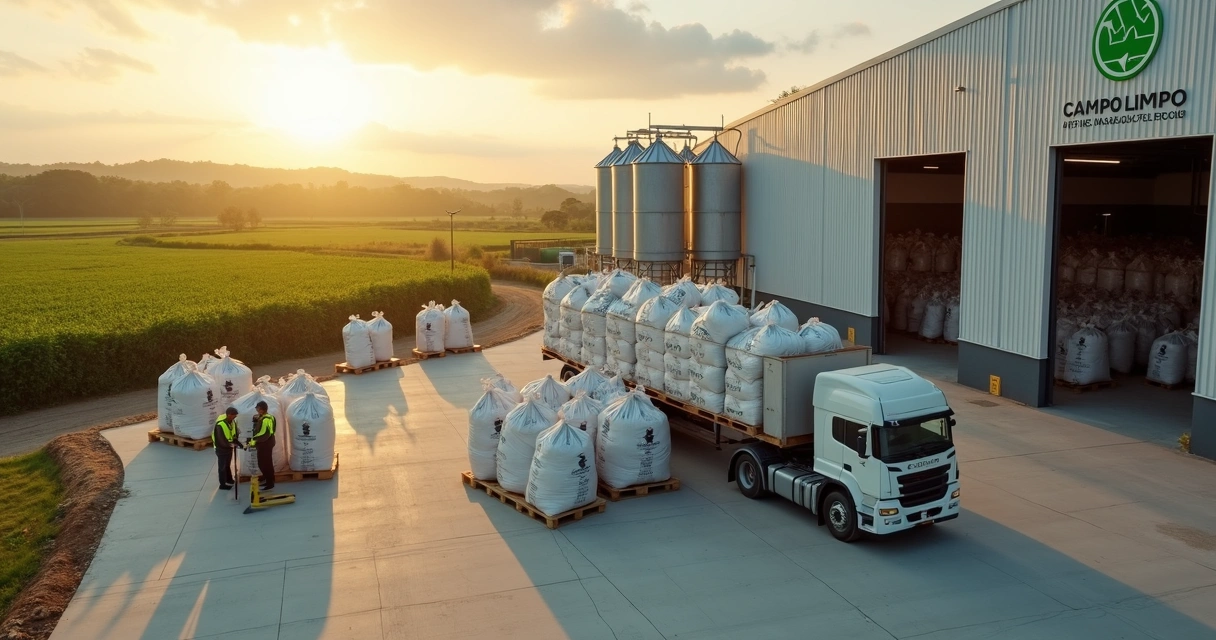 Centro de recebimento de embalagens agrícolas com silos e caminhão em área rural 