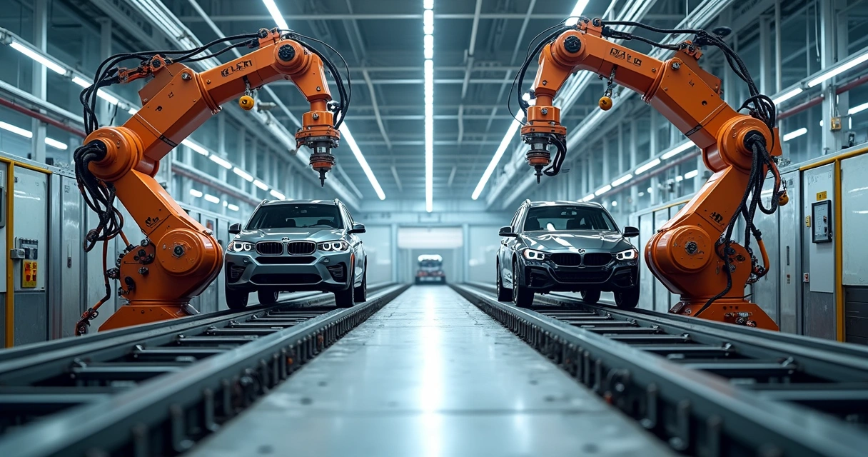 Conjunto de sistemas cartesianos trabalhando com esteira em linha automatizada 