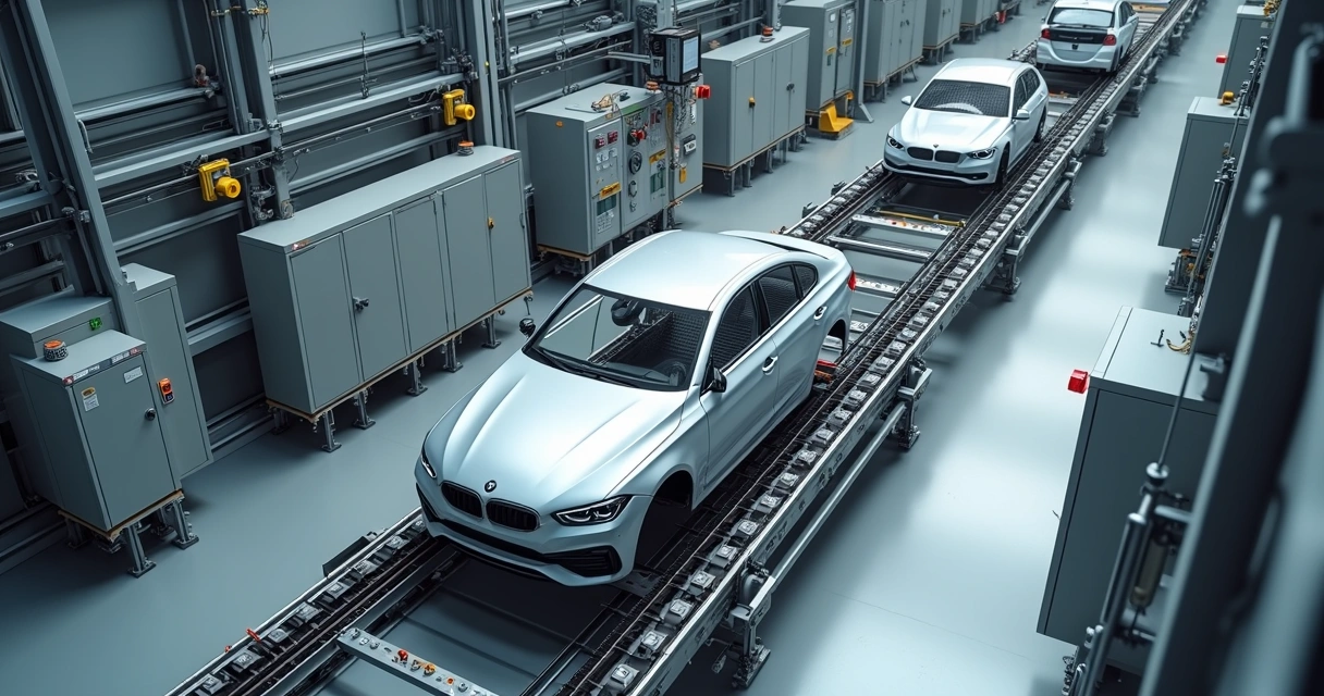 Vista superior de linha automotiva com sistemas cartesianos integrados à esteira NR-12 