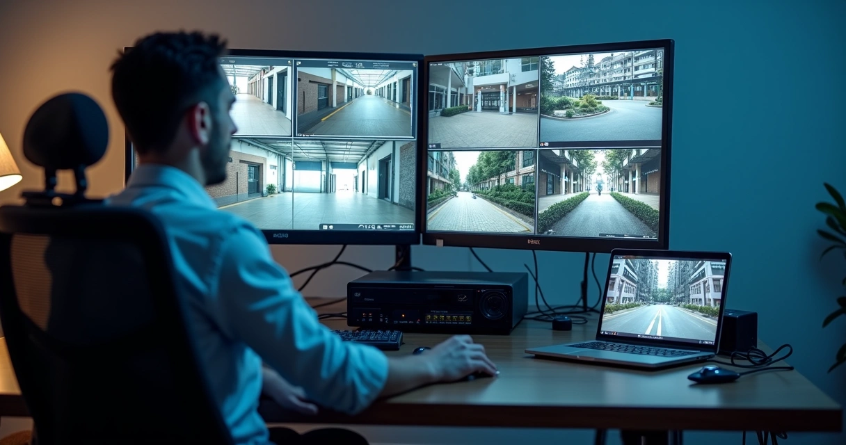 Central de CFTV com várias câmeras exibidas em monitores e acesso remoto por celular 