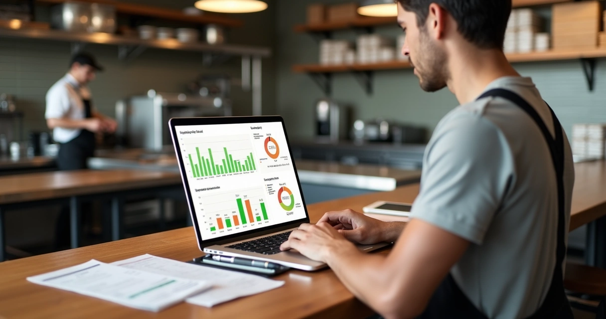 Dono de restaurante analisando sistema de CMV no notebook ao lado do estoque e da cozinha 