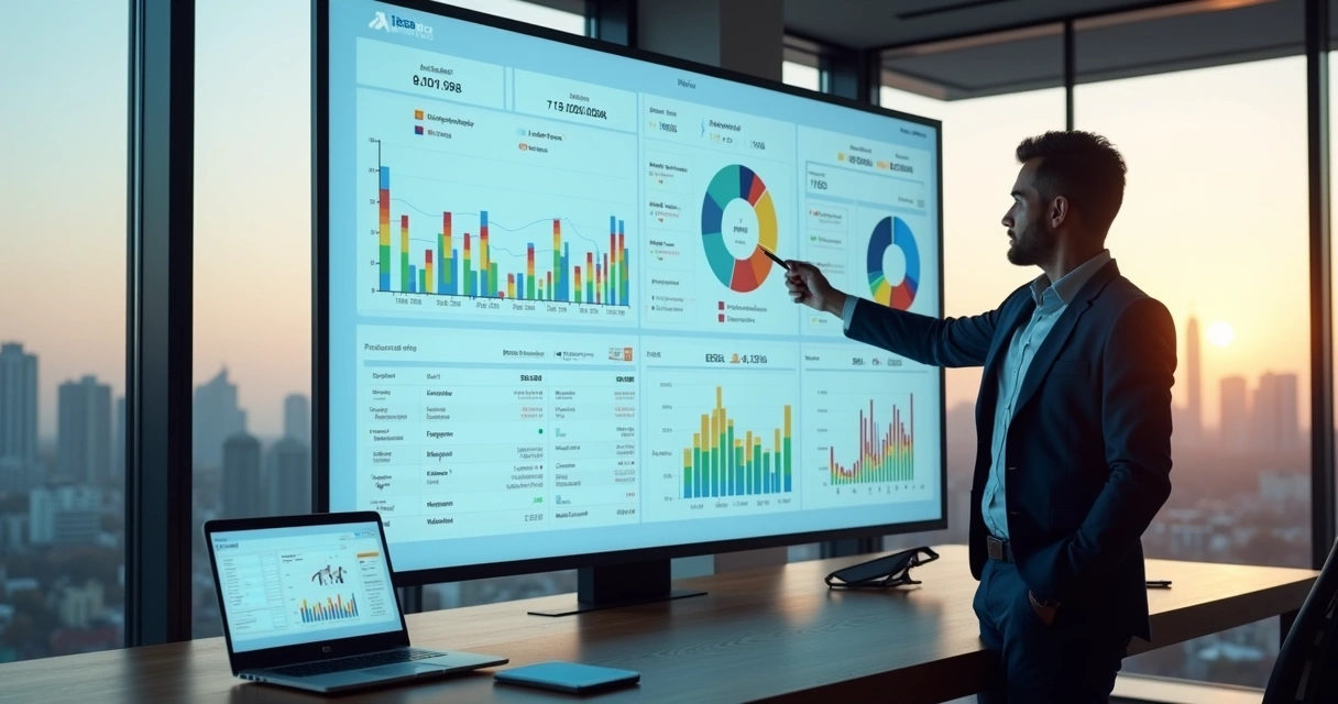Executivo analisando dashboard de sistema de cobrança automatizado em tela gigante 