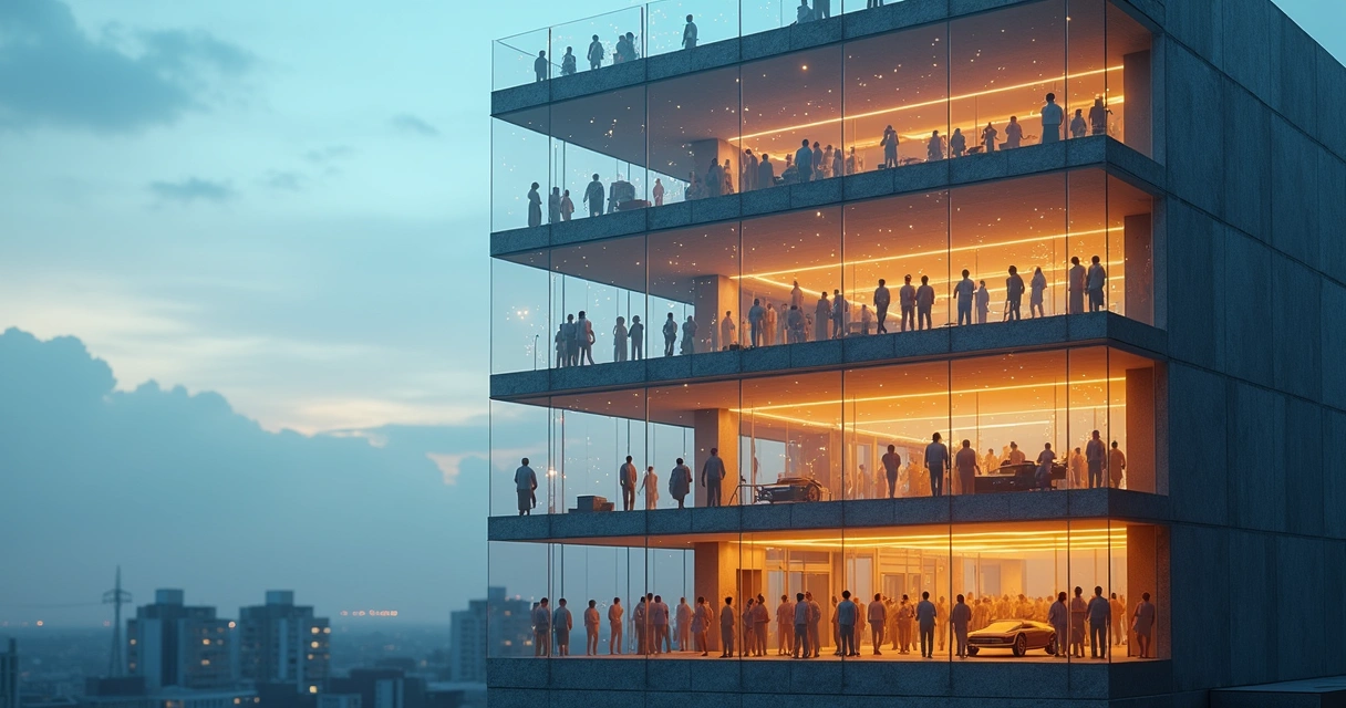 Rede complexa de pessoas conectadas em diferentes níveis de um prédio 