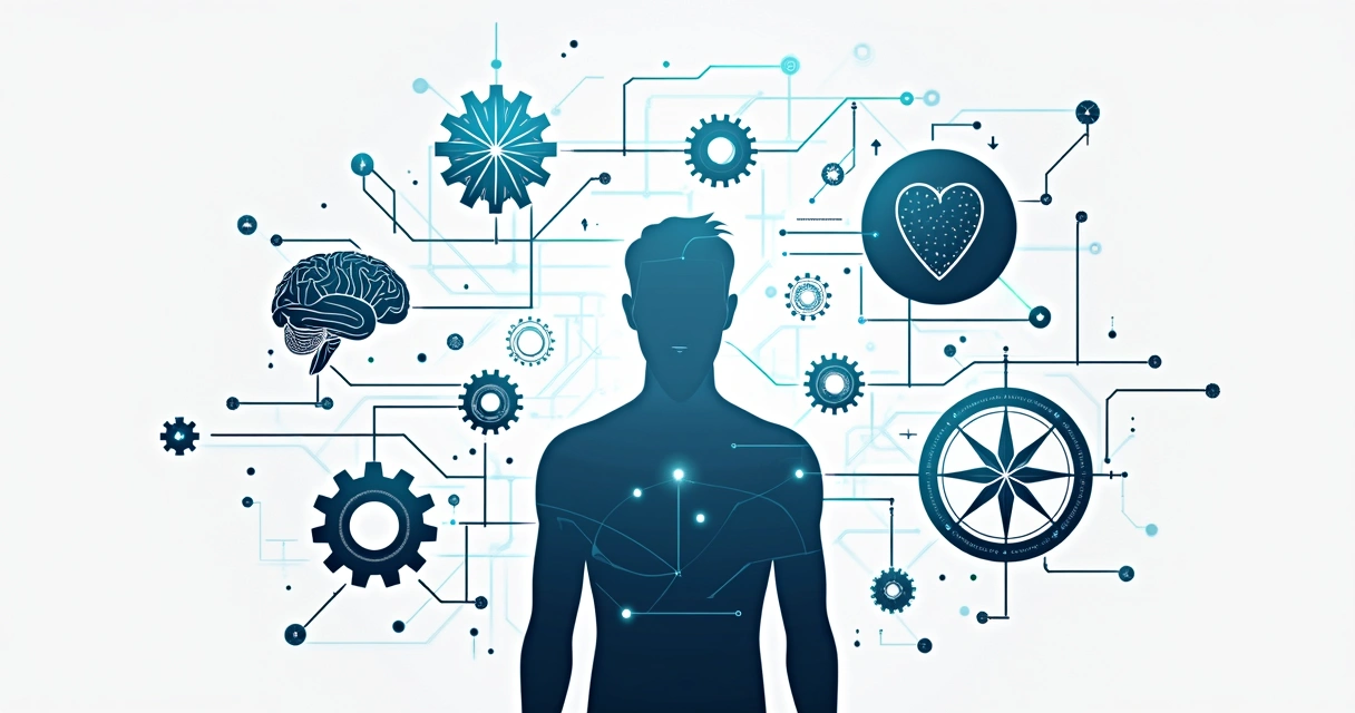 Representação visual de um sistema complexo humano integrando emoções, consciência e comportamento. 