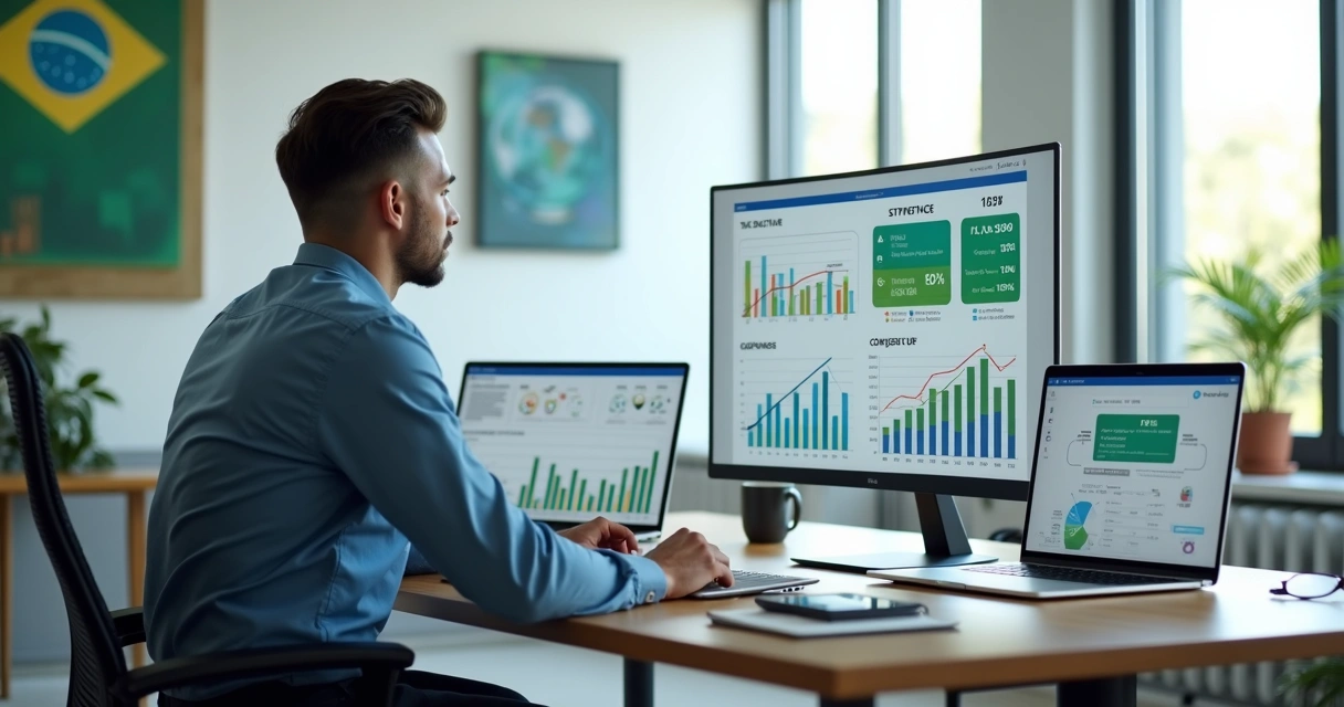 Profissional analisando sistema contábil com gráficos de impostos em tela grande 