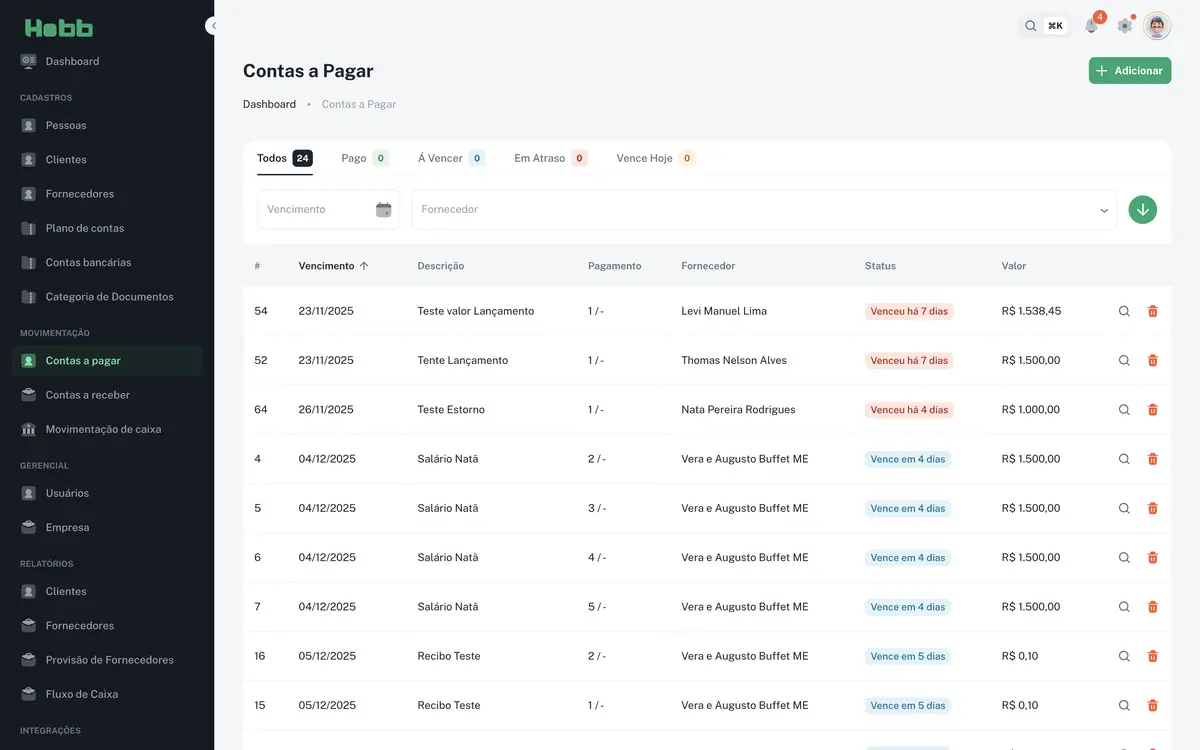 Tela do sistema Hobb mostrando contas a pagar com lista de fornecedores, datas de vencimento e status