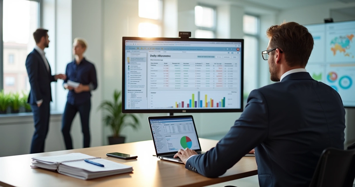 Gestor analisa sistema de controle de diária em dashboard financeiro corporativo 