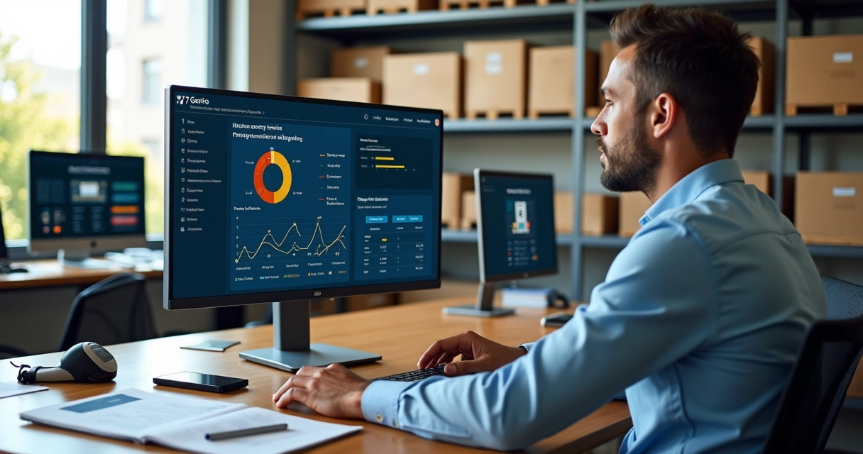 Gestor analisando sistema de controle de estoque em dashboard de ERP 
