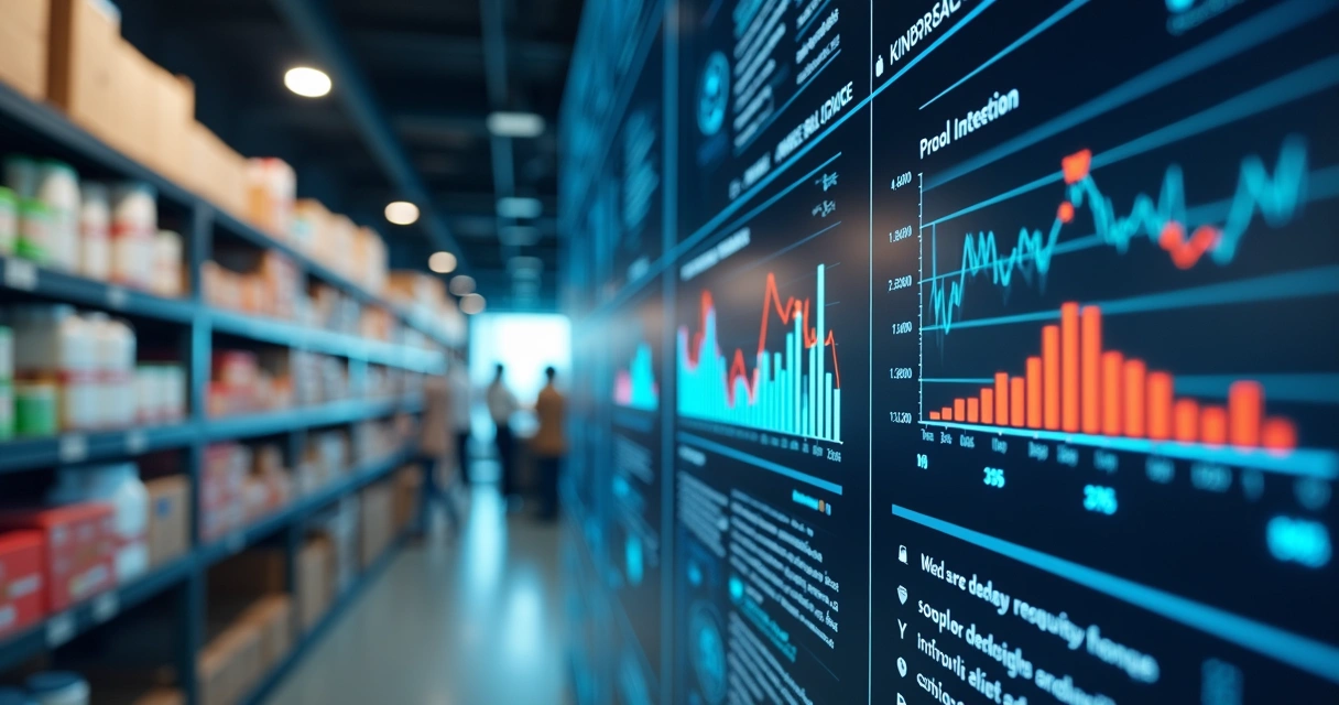 Tela digital com gráficos de estoque de produtos e previsões de IA 