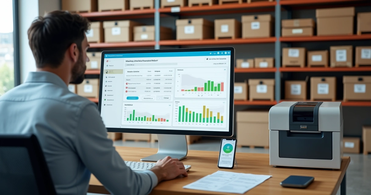 Gestor analisando sistema de controle de estoque em computador em pequena empresa 