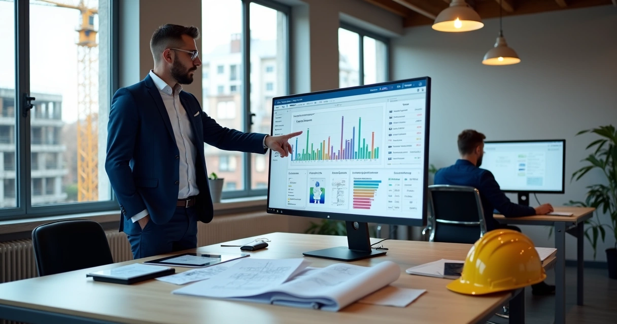 Gestor analisando sistema de controle de obra em dashboard com integração financeira e de estoque 