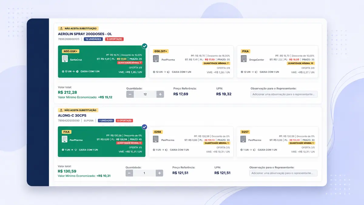 Tela de sistema de cotação de medicamentos com preços, descontos e quantidades de fornecedores farmacêuticos
