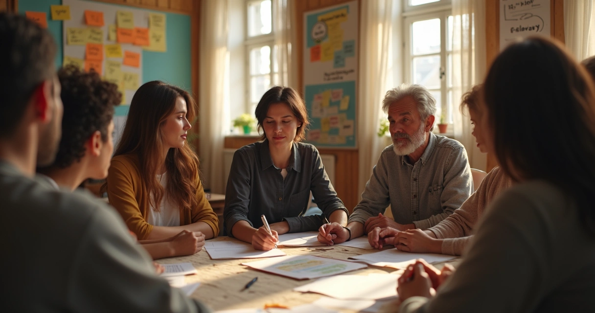 Personas en círculo compartiendo ideas y pensamientos 