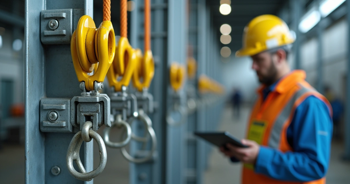 Sistema de ancoragem industrial em estrutura metálica detalhada