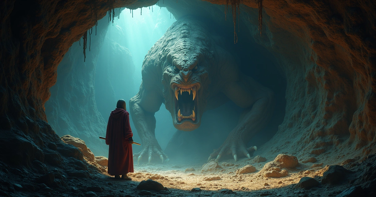 Personagem de Tibia segurando uma tocha iluminando uma caverna escura cheia de monstros 