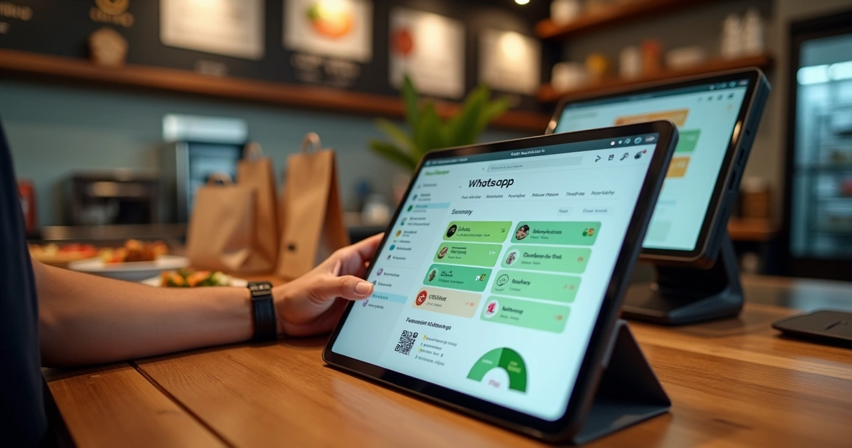 Tela de sistema delivery em tablet mostrando pedidos integrados em restaurante moderno 
