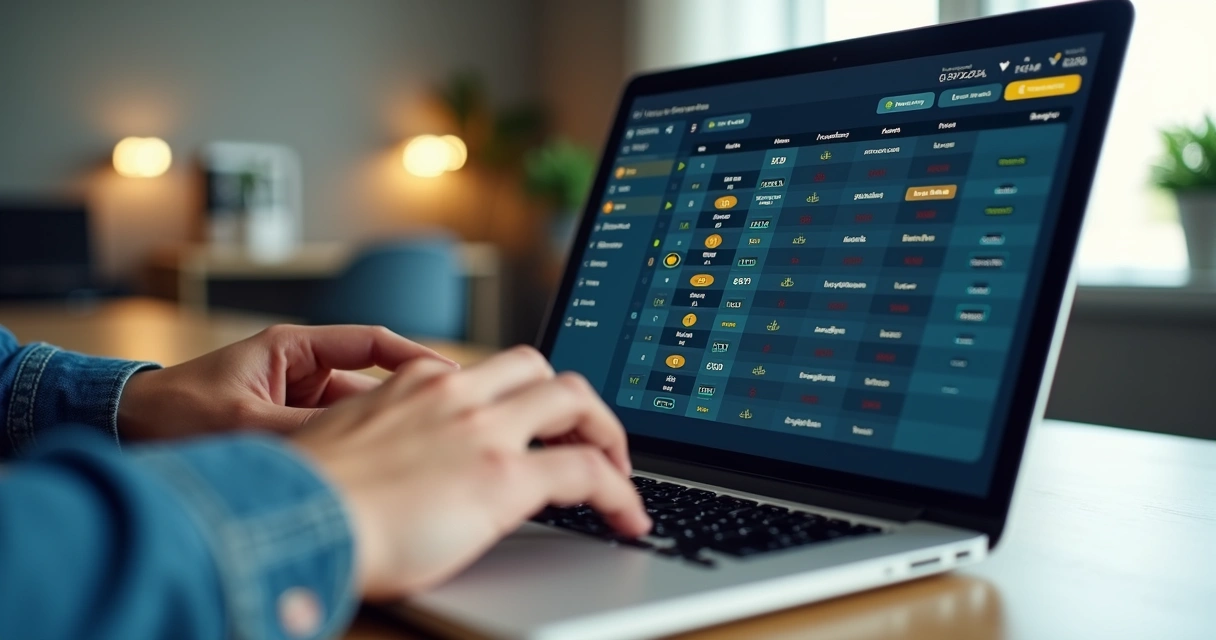Tela de notebook mostrando interface digital de apostas com matrizes de fechamento 