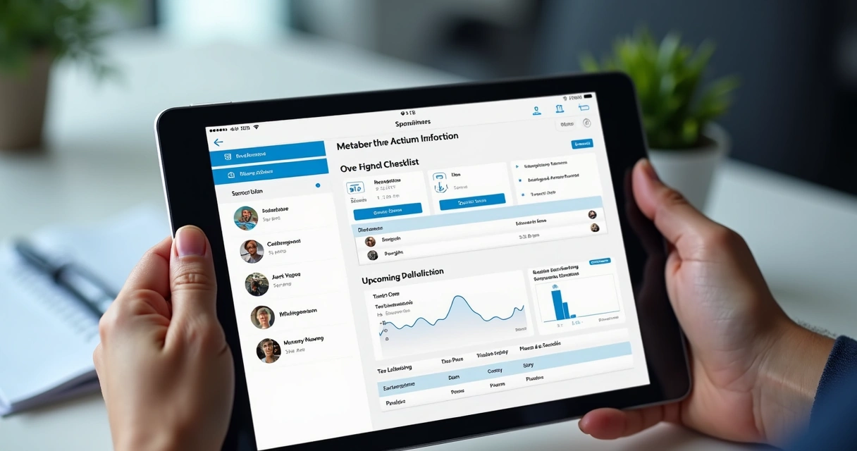 Painel digital de gestão de manutenção com checklist em tablet 