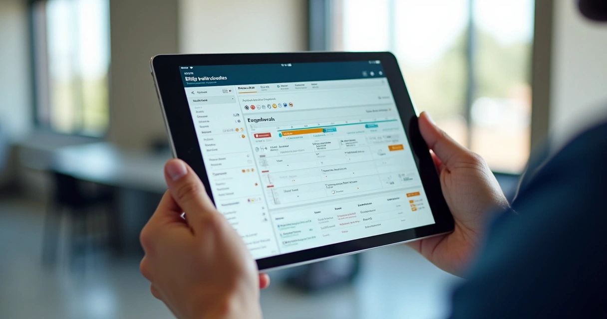 Gestão digital de manutenção predial na tela do tablet 