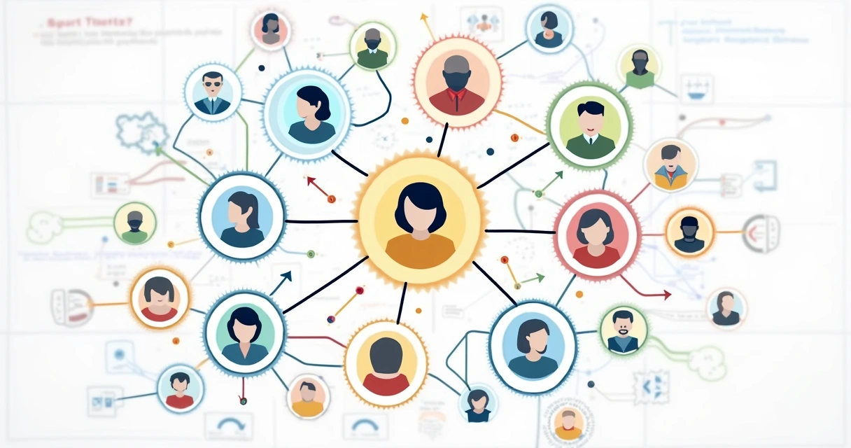 Esquema visual de un sistema organizacional con personas interconectadas 