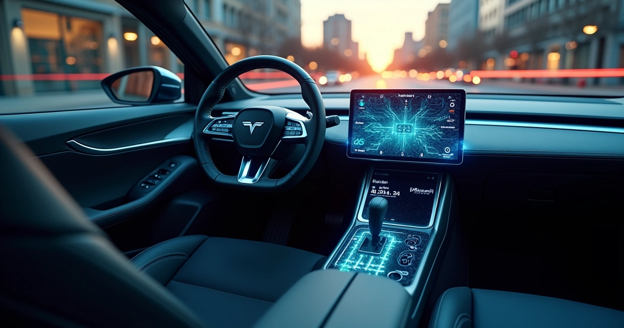 Motorista em carro moderno com destaque para volante eletrônico e pedal acelerador conectado por circuito digital 