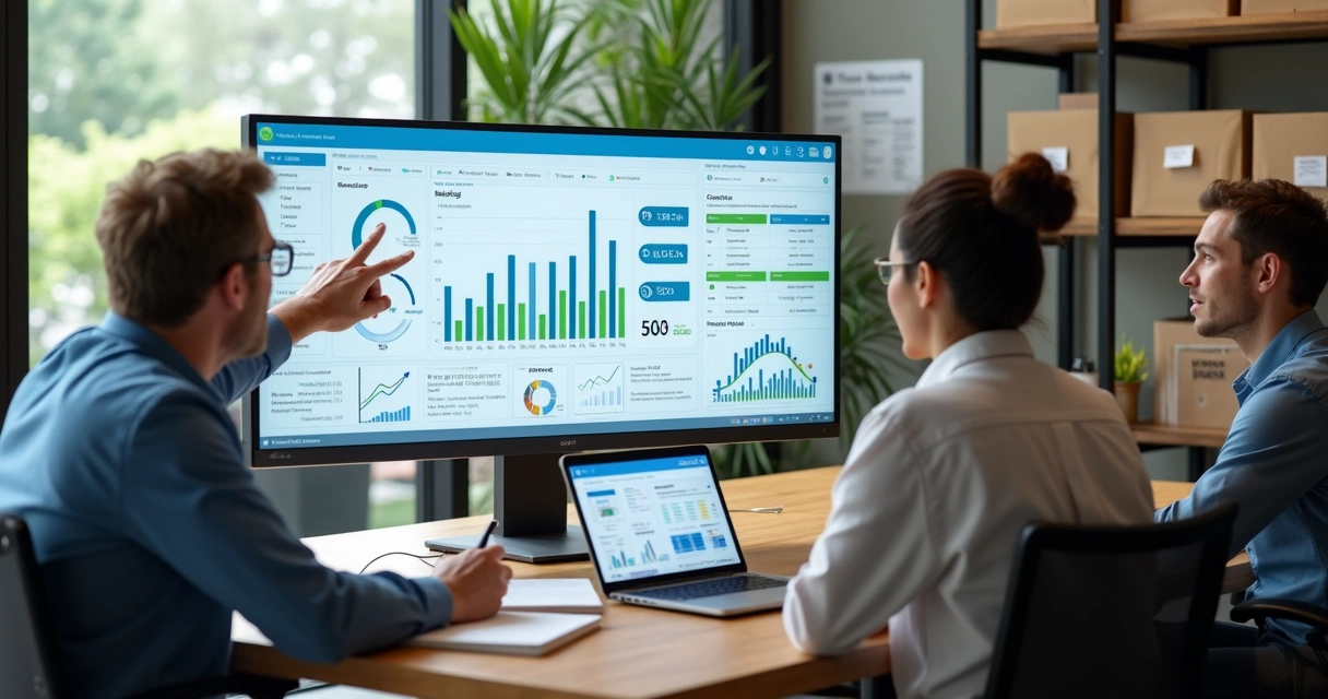 Equipe de pequena empresa usando sistema empresarial em dashboard único 