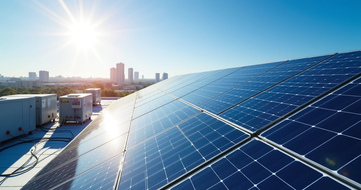 Painéis solares instalados em telhado comercial com inversores e equipamentos elétricos visíveis ao lado 