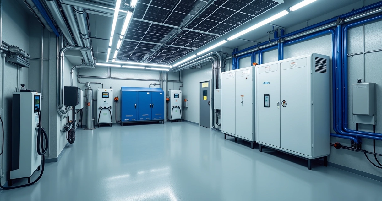 Painéis solares, baterias e recarga veicular em instalação moderna 