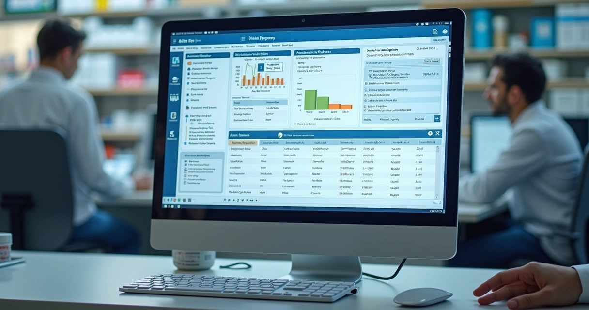 Tela de sistema ERP de farmácia mostrando entradas e saídas de estoque 